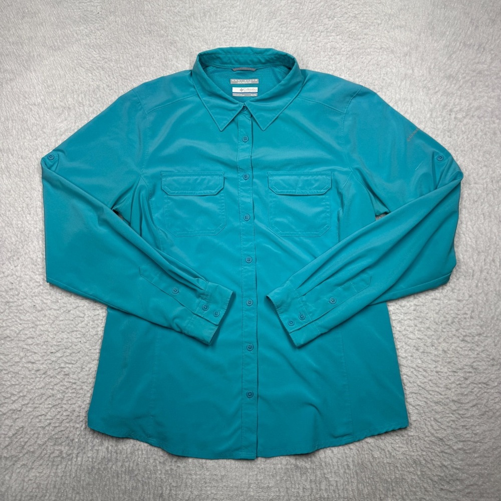 Columbia PFG Omni-Shade Shirt Long Sleeve Roll Tab Button Up Teal Women's XL